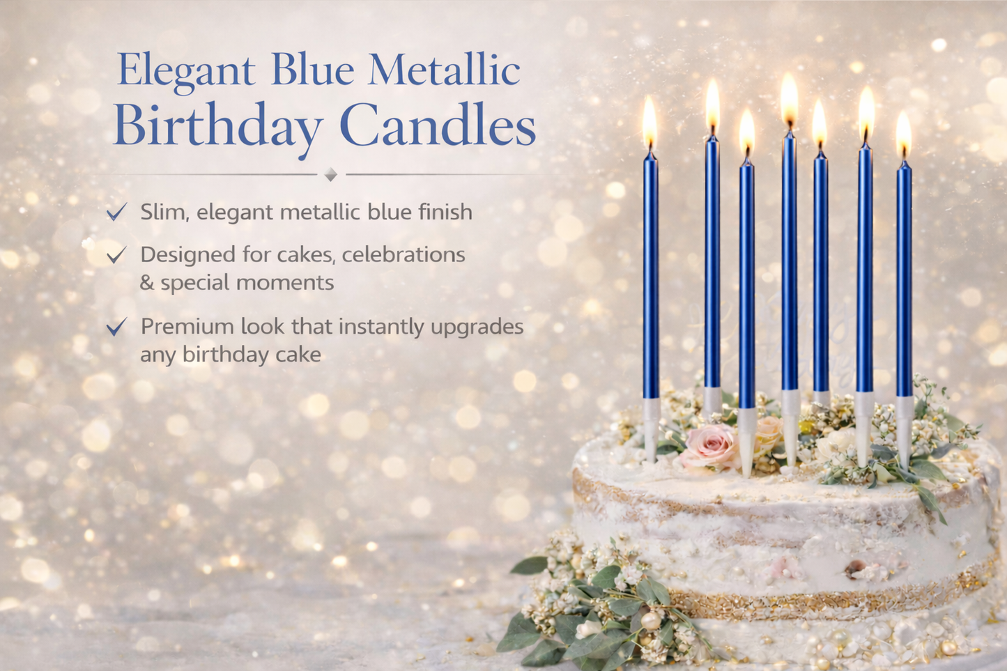 by Tugba Aydan - Blue Birthday Candles - 24 Count Long Thin Blue Birthday Candles, Metallic Cake Candle for Birthday, Party Candles