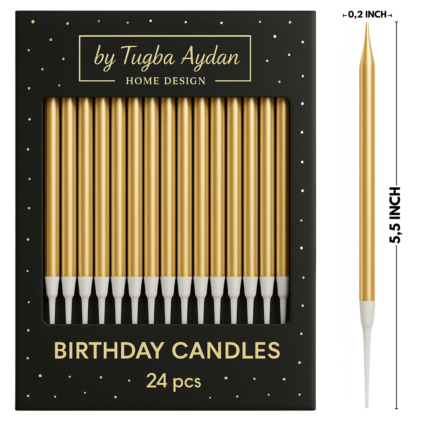 Gold Birthday Candles - 24 Pack | Metallic Long Thin Candles for Cakes & Cupcakes | Elegant Cake Decoration for Adults, Kids, Men & Women | by Tugba Aydan Home Design