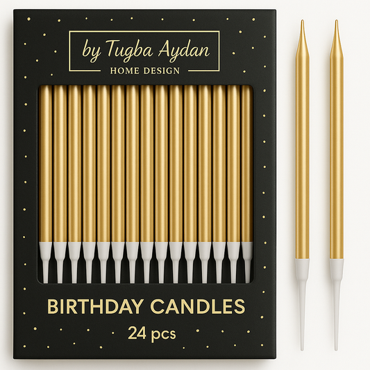 Gold Birthday Candles - 24 Pack | Metallic Long Thin Candles for Cakes & Cupcakes | Elegant Cake Decoration for Adults, Kids, Men & Women | by Tugba Aydan Home Design
