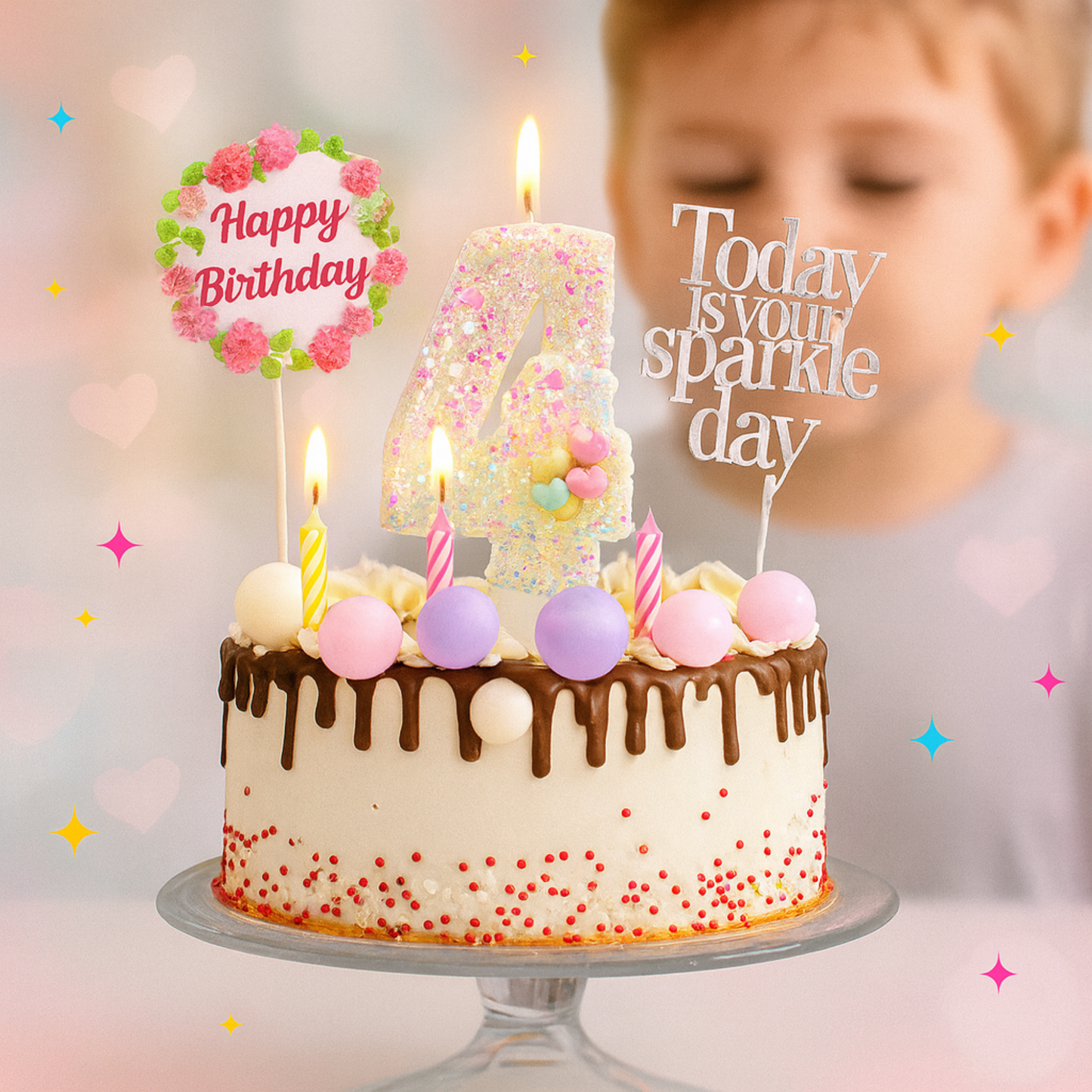 Birthday Candles Set for Cake β Number 4 Candle with 24 Piece Decoration Kit, Spiral Candles & Cake Toppers β Kids Birthday Party Supplies