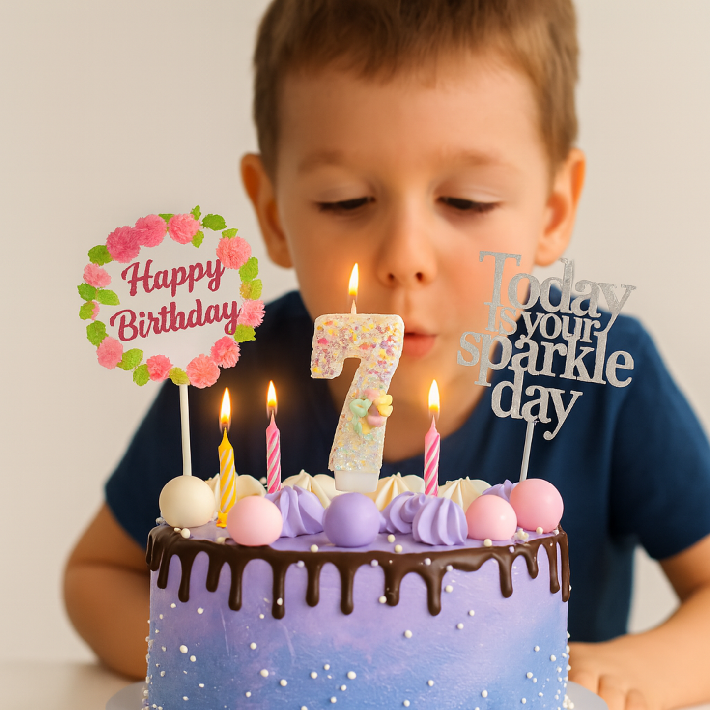 Birthday Candles Set for Cake β Number 7 Candle with 24 Piece Decoration Kit, Spiral Candles & Cake Toppers β Kids Birthday Party Supplies