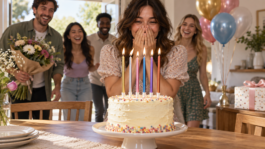 Friends surprising a birthday guest with thin metallic candles on a celebration cake