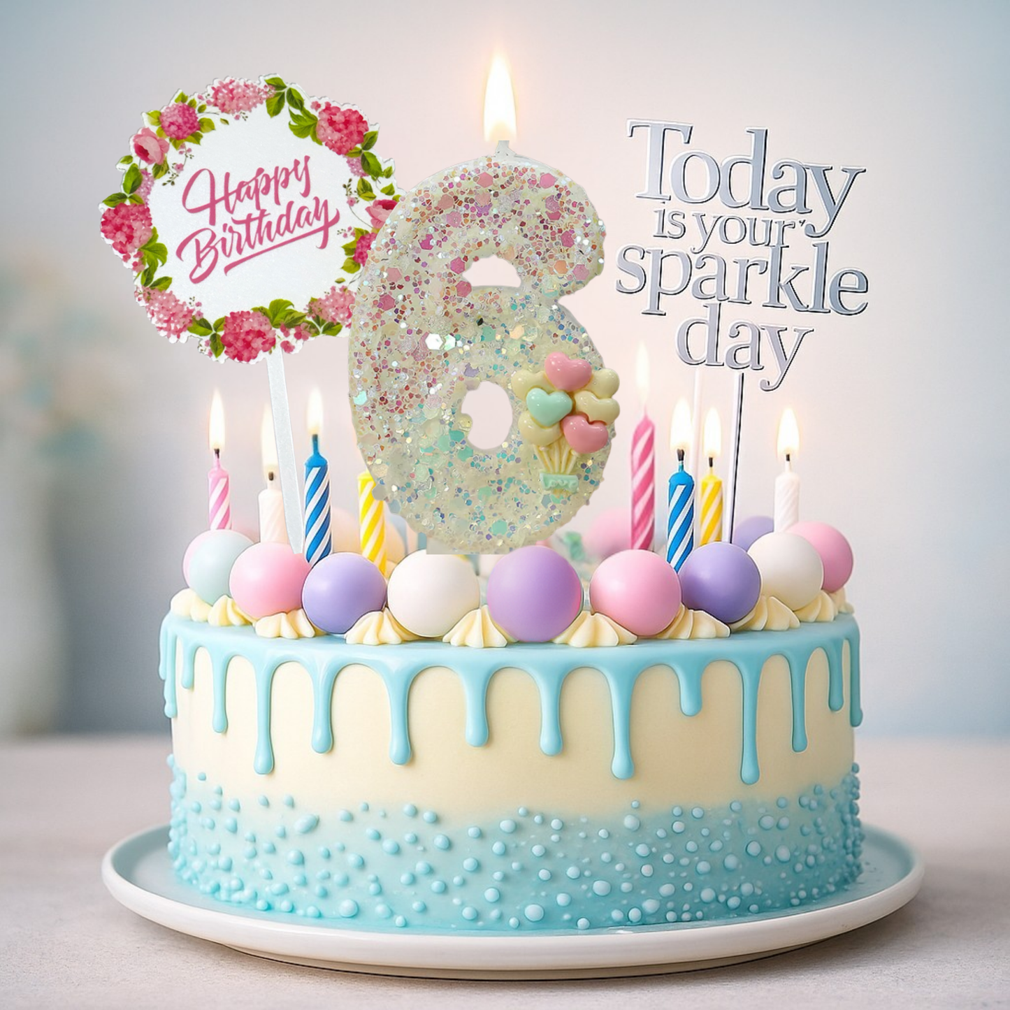 Birthday Candles Set for Cake – Number 6 Candle with 24 Piece Decoration Kit, Spiral Candles & Cake Toppers – Kids Birthday Party Supplies
