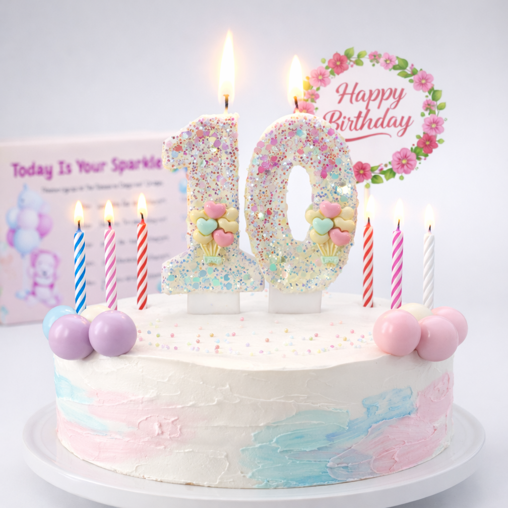 Birthday Candles Set for Cake – Number 10 Candle with 25 Piece Decoration Kit, Spiral Candles & Cake Toppers – Kids Birthday Party Supplies