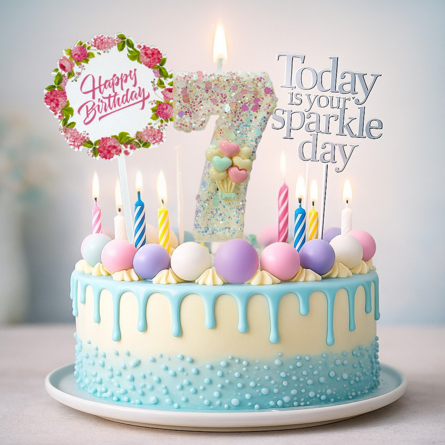 Birthday Candles Set for Cake – Number 7 Candle with 24 Piece Decoration Kit, Spiral Candles & Cake Toppers – Kids Birthday Party Supplies