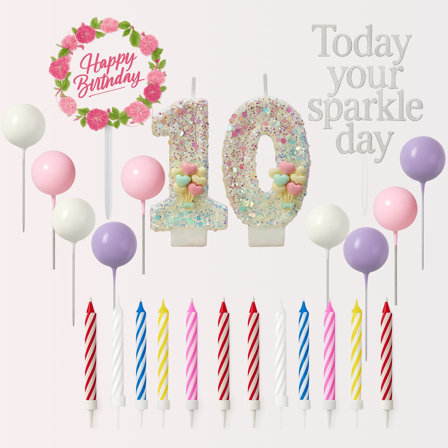 Birthday Candles Set for Cake – Number 10 Candle with 25 Piece Decoration Kit, Spiral Candles & Cake Toppers – Kids Birthday Party Supplies