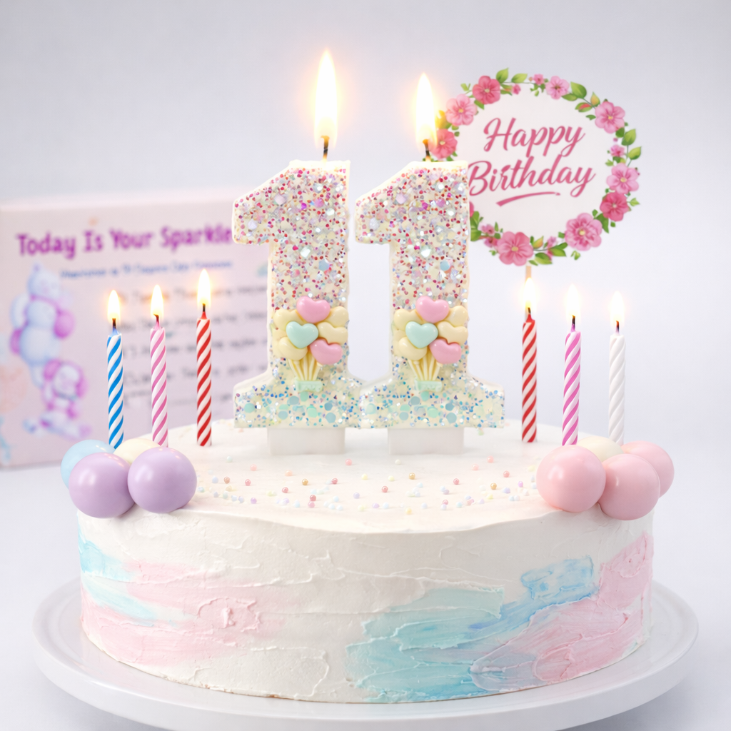 Birthday Candles Set for Cake – Number 11 Candle with 24 Piece Decoration Kit, Spiral Candles & Cake Toppers – Kids Birthday Party Supplies