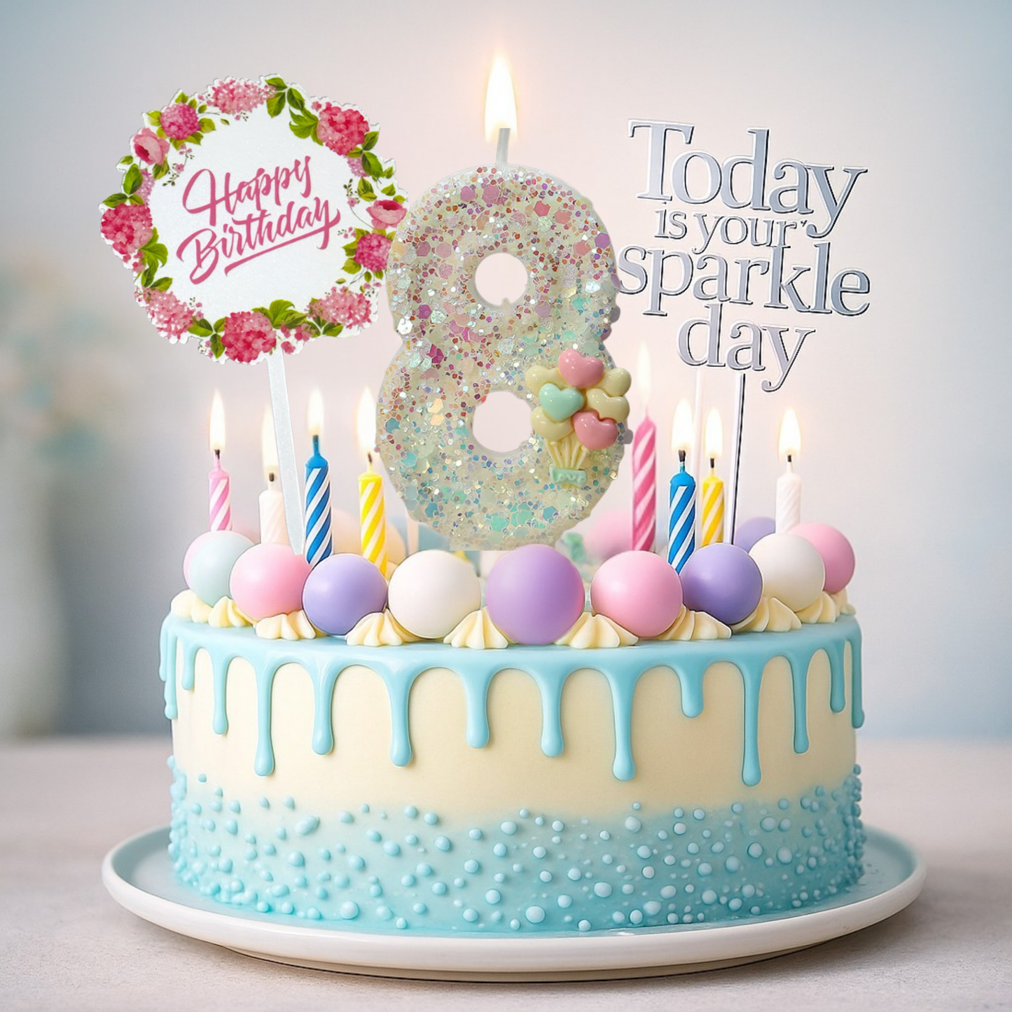 Birthday Candles Set for Cake – Number 8 Candle with 24 Piece Decoration Kit, Spiral Candles & Cake Toppers – Kids Birthday Party Supplies