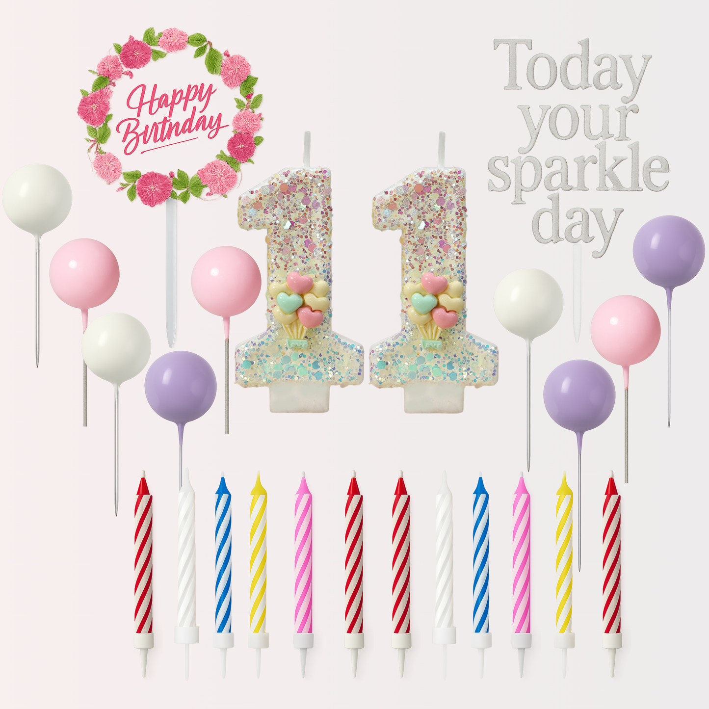Birthday Candles Set for Cake – Number 11 Candle with 24 Piece Decoration Kit, Spiral Candles & Cake Toppers – Kids Birthday Party Supplies