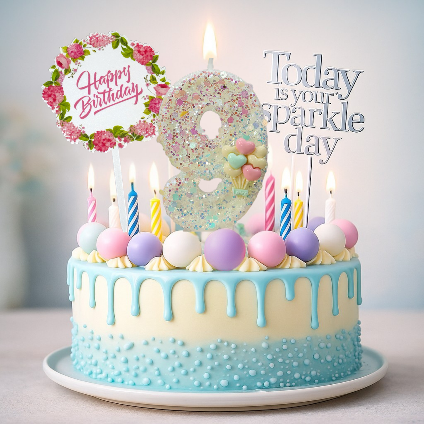 Birthday Candles Set for Cake – Number 9 Candle with 24 Piece Decoration Kit, Spiral Candles & Cake Toppers – Kids Birthday Party Supplies