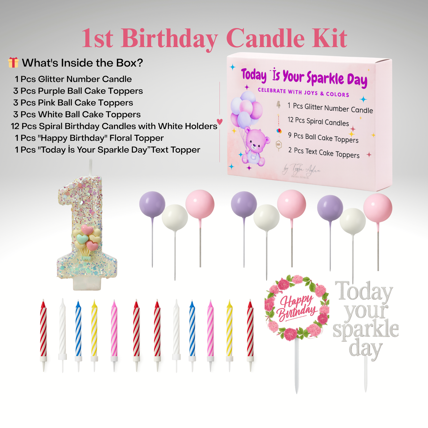 Birthday Candles Set for Cake – Number 1 Candle with 24 Piece Decoration Kit, Spiral Candles & Cake Toppers – Kids Birthday Party Supplies