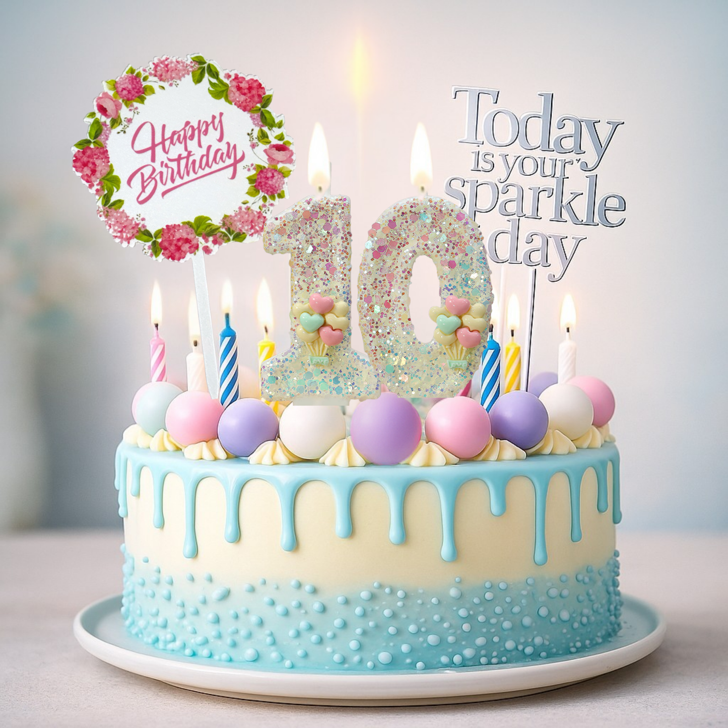 Birthday Candles Set for Cake – Number 10 Candle with 25 Piece Decoration Kit, Spiral Candles & Cake Toppers – Kids Birthday Party Supplies
