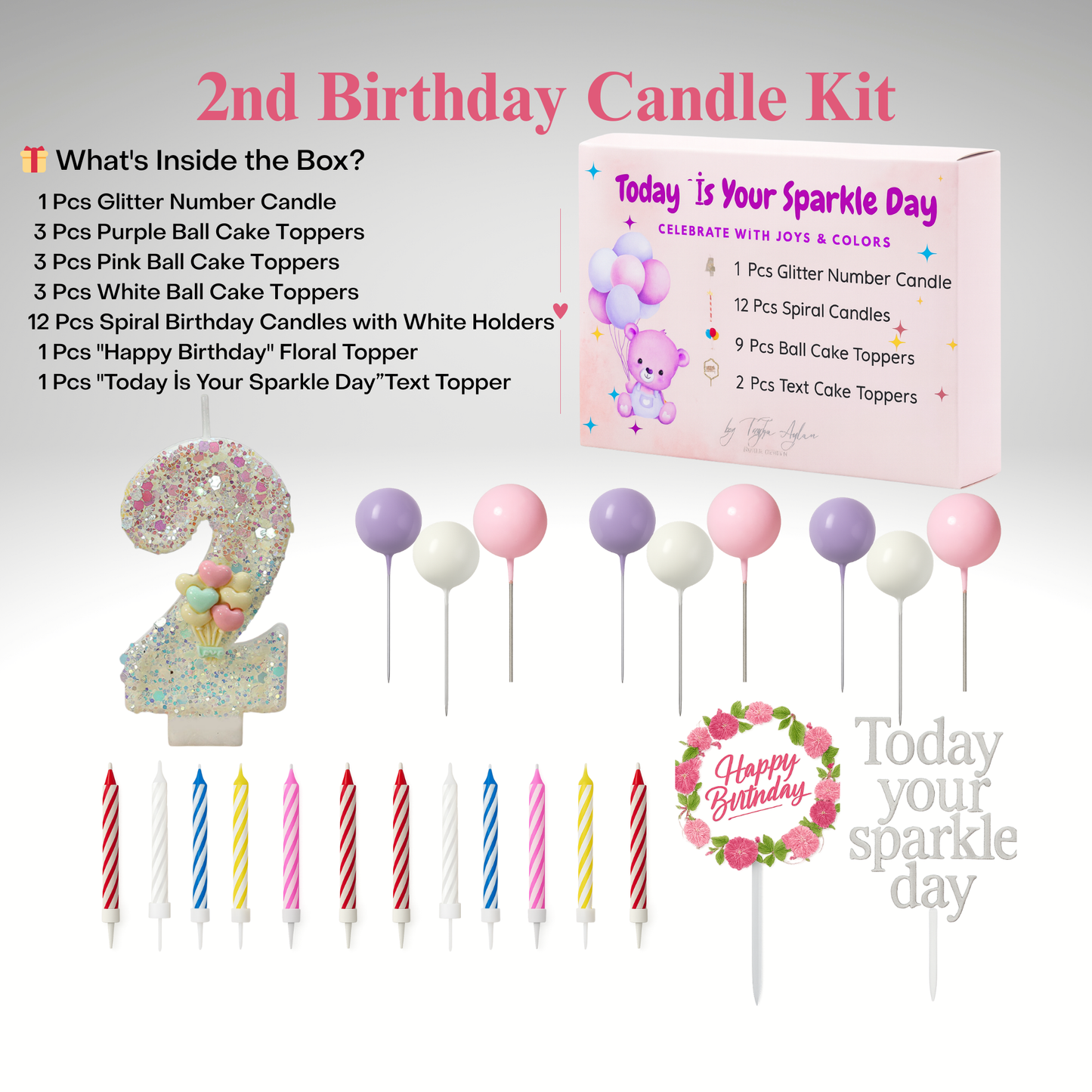 Birthday Candles Set for Cake – Number 2 Candle with 24 Piece Decoration Kit, Spiral Candles & Cake Toppers – Kids Birthday Party Supplies