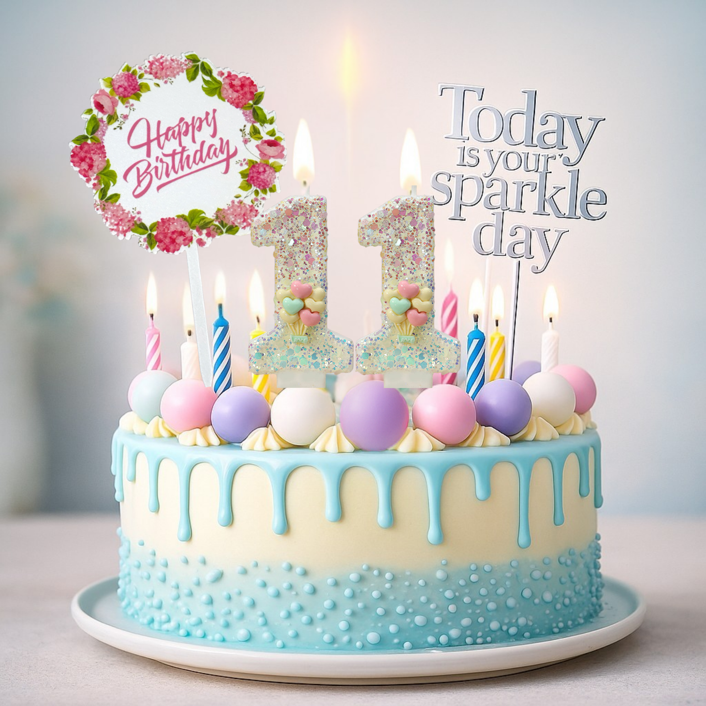 Birthday Candles Set for Cake – Number 11 Candle with 24 Piece Decoration Kit, Spiral Candles & Cake Toppers – Kids Birthday Party Supplies