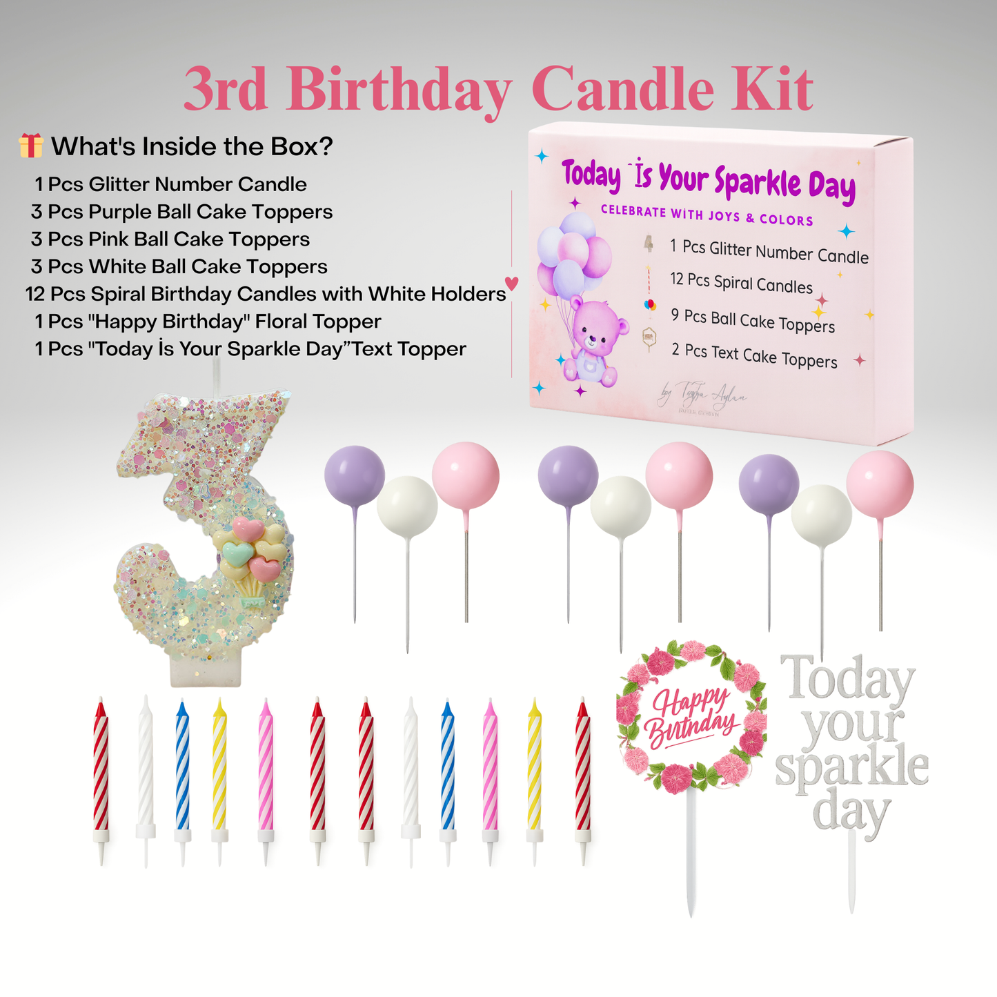 Birthday Candles Set for Cake – Number 3 Candle with 24 Piece Decoration Kit, Spiral Candles & Cake Toppers – Kids Birthday Party Supplies