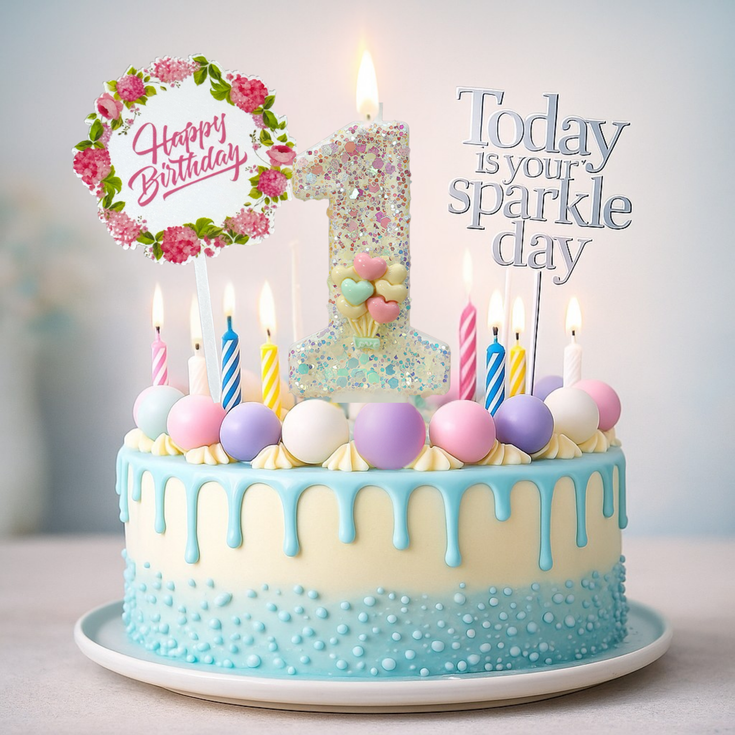 Birthday Candles Set for Cake – Number 1 Candle with 24 Piece Decoration Kit, Spiral Candles & Cake Toppers – Kids Birthday Party Supplies