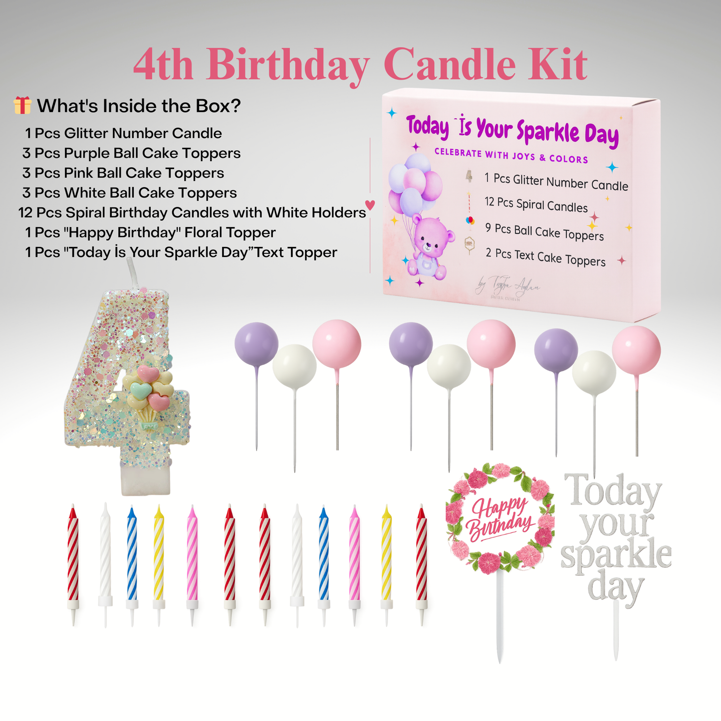 Birthday Candles Set for Cake – Number 4 Candle with 24 Piece Decoration Kit, Spiral Candles & Cake Toppers – Kids Birthday Party Supplies
