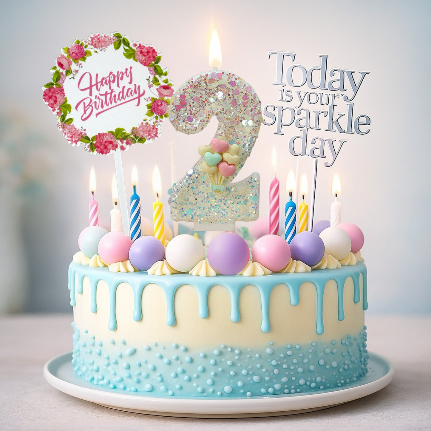 Birthday Candles Set for Cake – Number 2 Candle with 24 Piece Decoration Kit, Spiral Candles & Cake Toppers – Kids Birthday Party Supplies