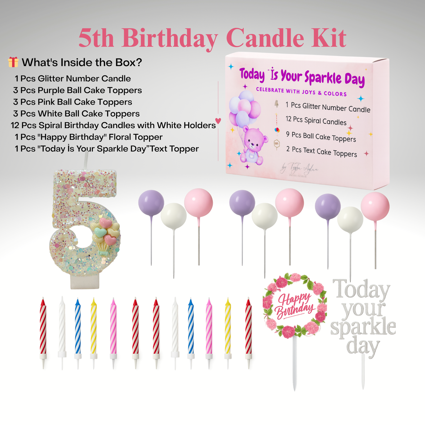Birthday Candles Set for Cake – Number 5 Candle with 24 Piece Decoration Kit, Spiral Candles & Cake Toppers – Kids Birthday Party Supplies