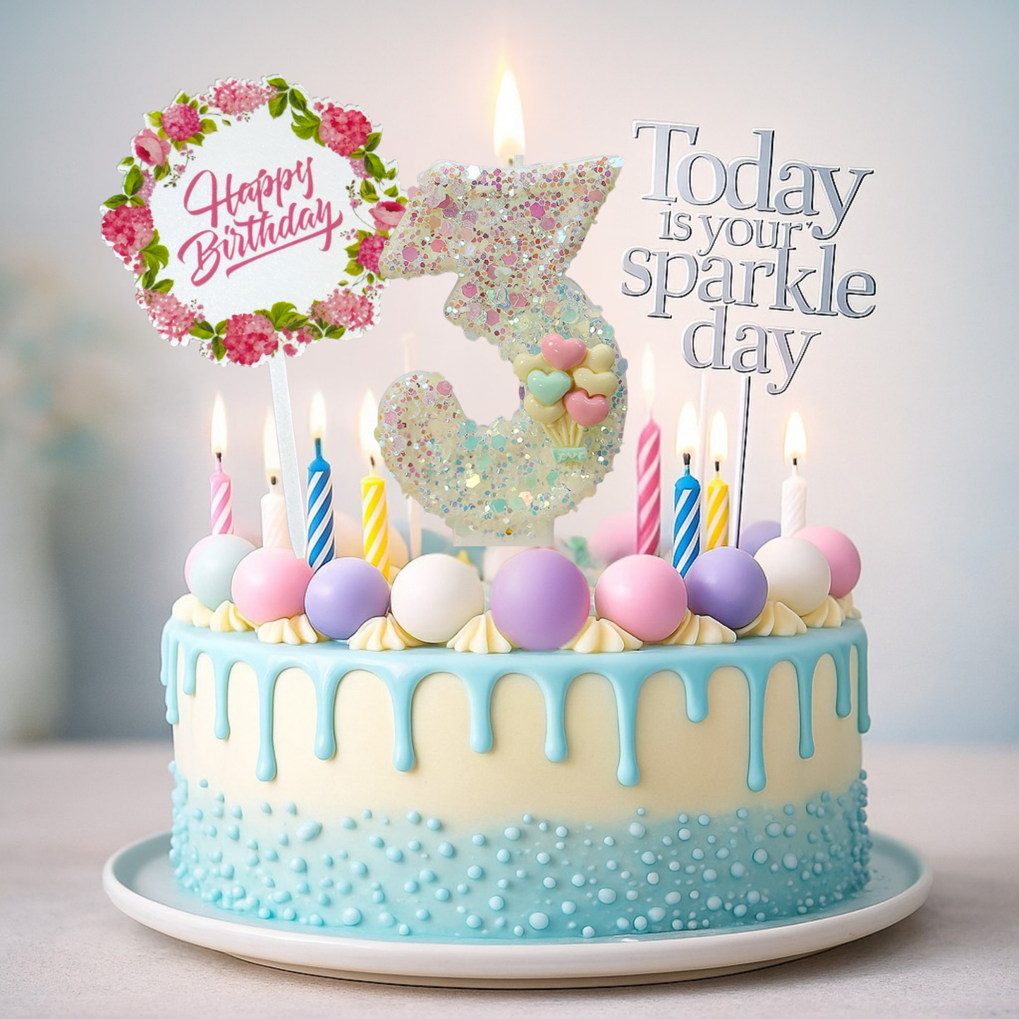 Birthday Candles Set for Cake – Number 3 Candle with 24 Piece Decoration Kit, Spiral Candles & Cake Toppers – Kids Birthday Party Supplies