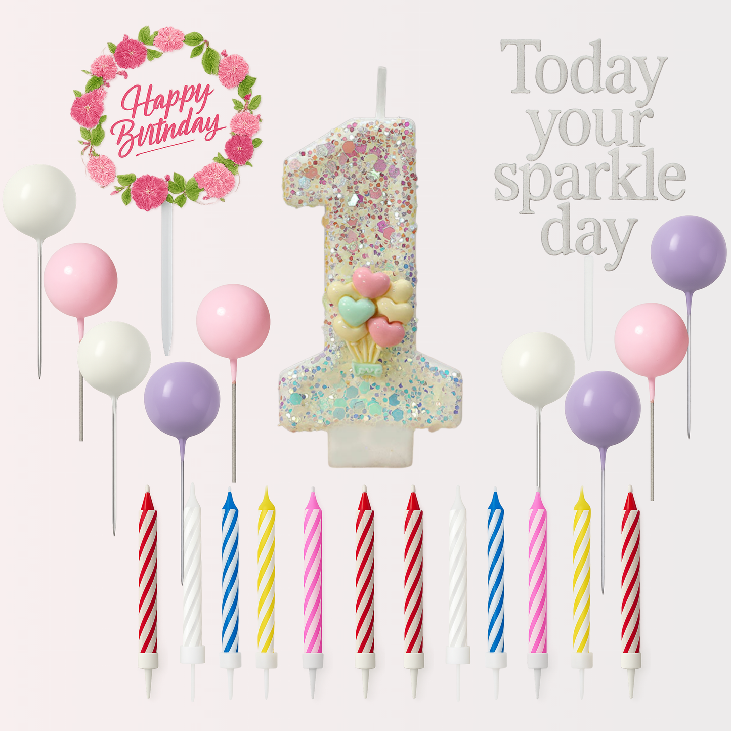 Birthday Candles Set for Cake – Number 1 Candle with 24 Piece Decoration Kit, Spiral Candles & Cake Toppers – Kids Birthday Party Supplies