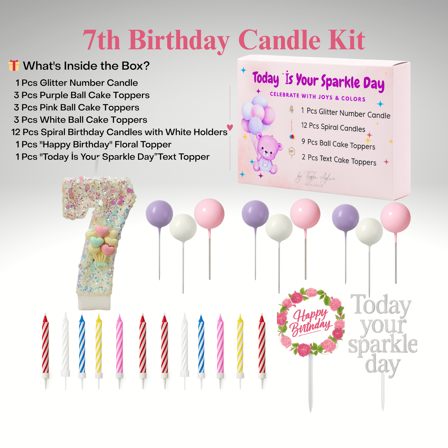 Birthday Candles Set for Cake – Number 7 Candle with 24 Piece Decoration Kit, Spiral Candles & Cake Toppers – Kids Birthday Party Supplies