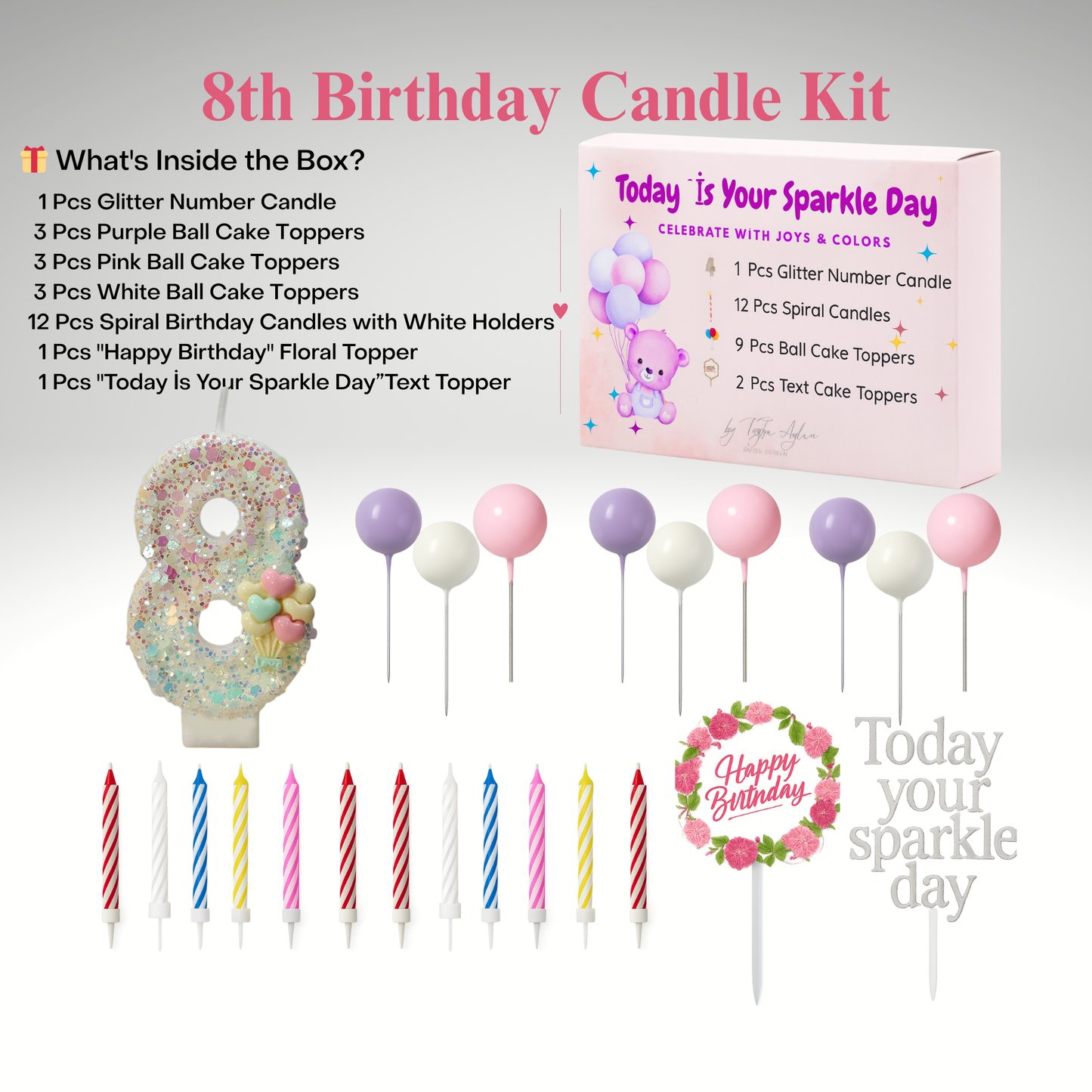 Birthday Candles Set for Cake – Number 8 Candle with 24 Piece Decoration Kit, Spiral Candles & Cake Toppers – Kids Birthday Party Supplies