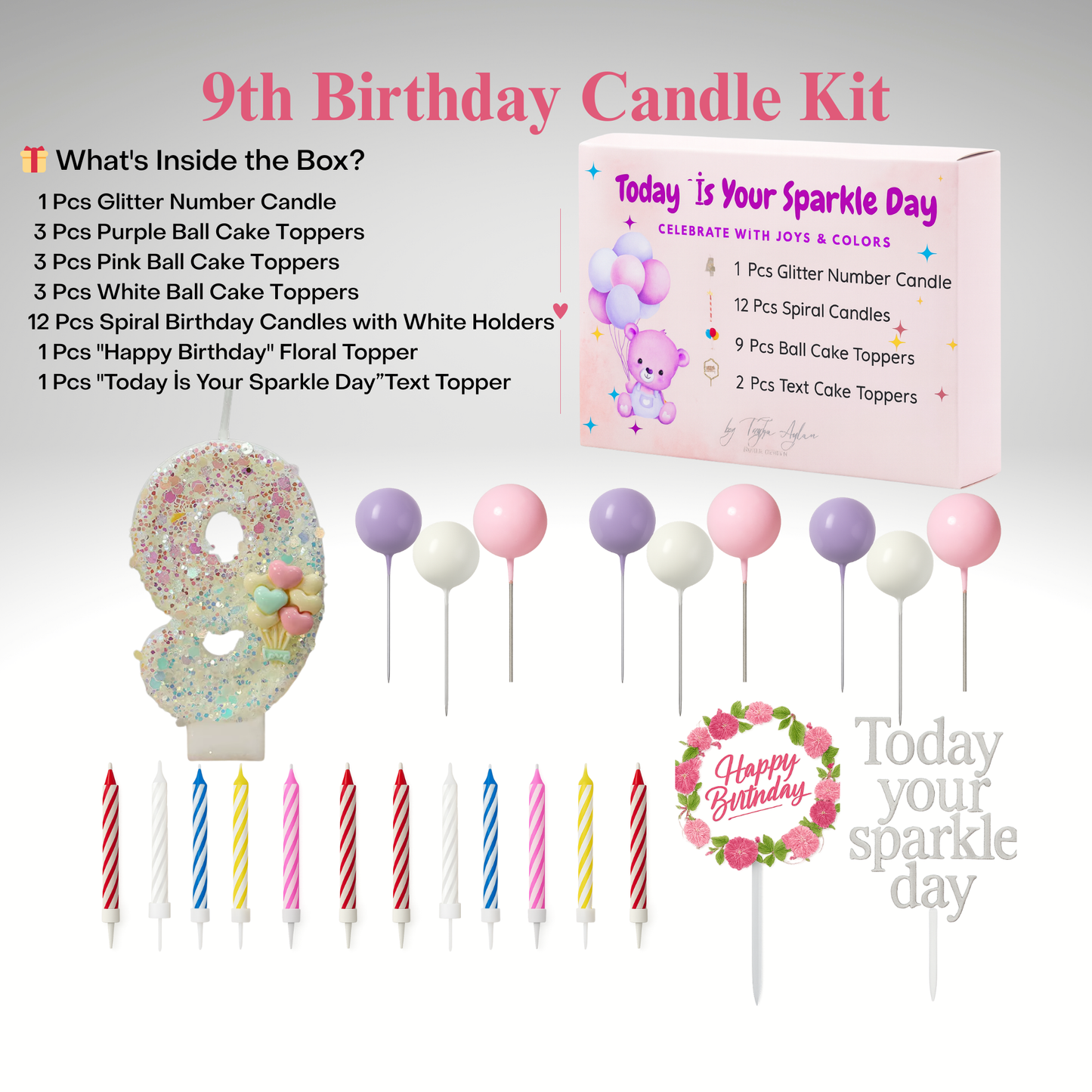Birthday Candles Set for Cake – Number 9 Candle with 24 Piece Decoration Kit, Spiral Candles & Cake Toppers – Kids Birthday Party Supplies