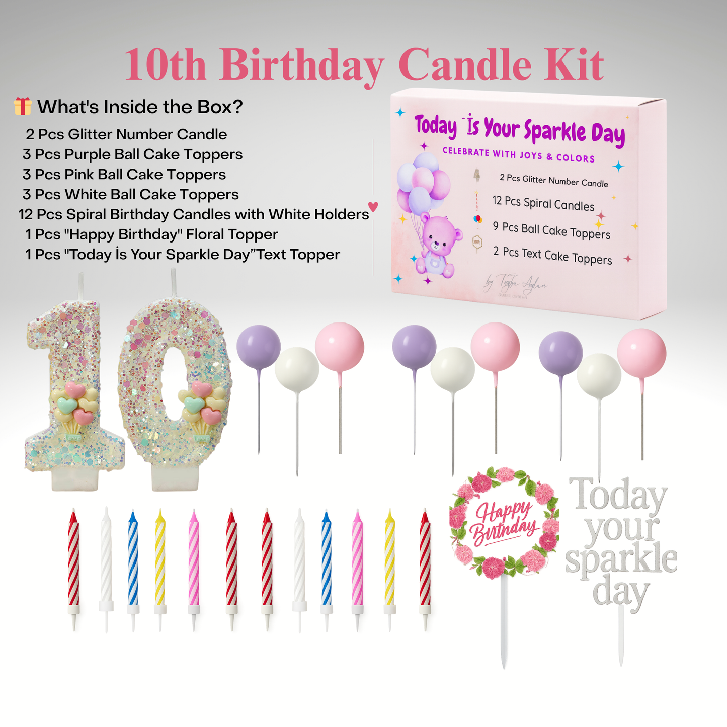 Birthday Candles Set for Cake – Number 10 Candle with 25 Piece Decoration Kit, Spiral Candles & Cake Toppers – Kids Birthday Party Supplies