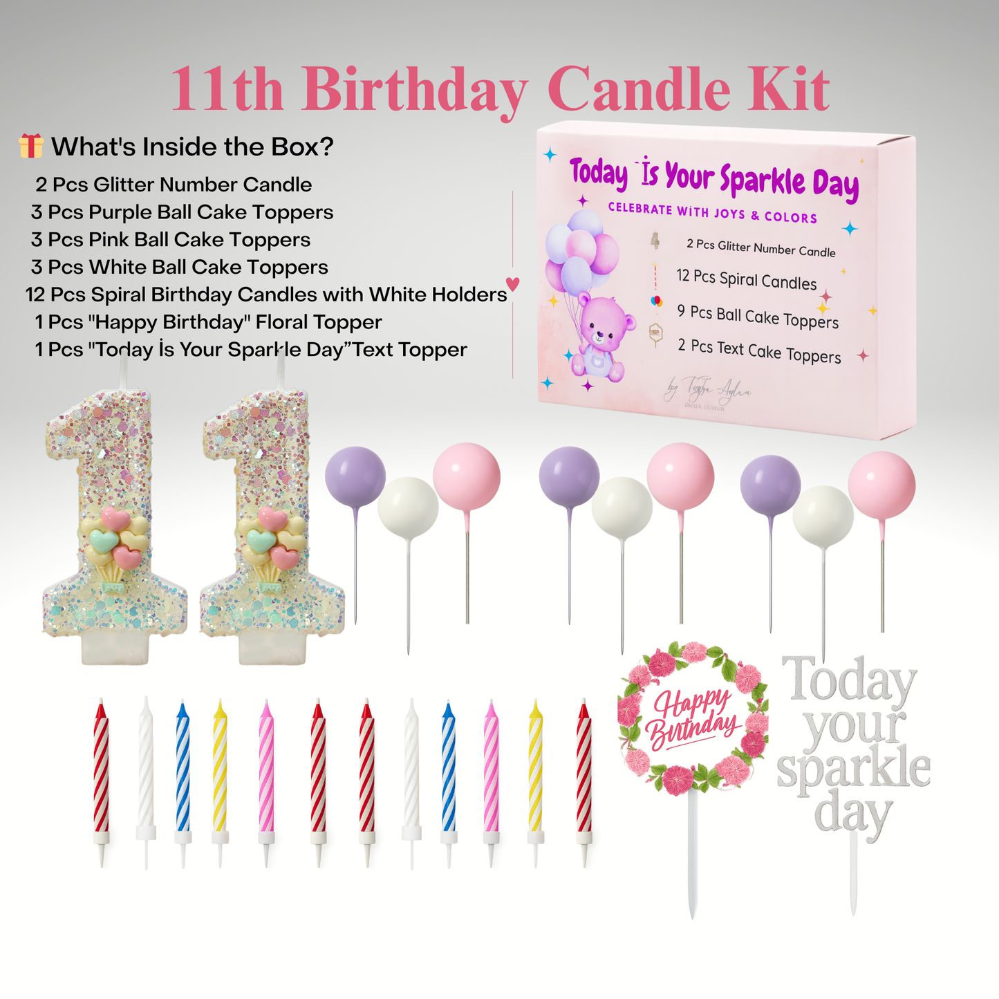 Birthday Candles Set for Cake – Number 11 Candle with 24 Piece Decoration Kit, Spiral Candles & Cake Toppers – Kids Birthday Party Supplies