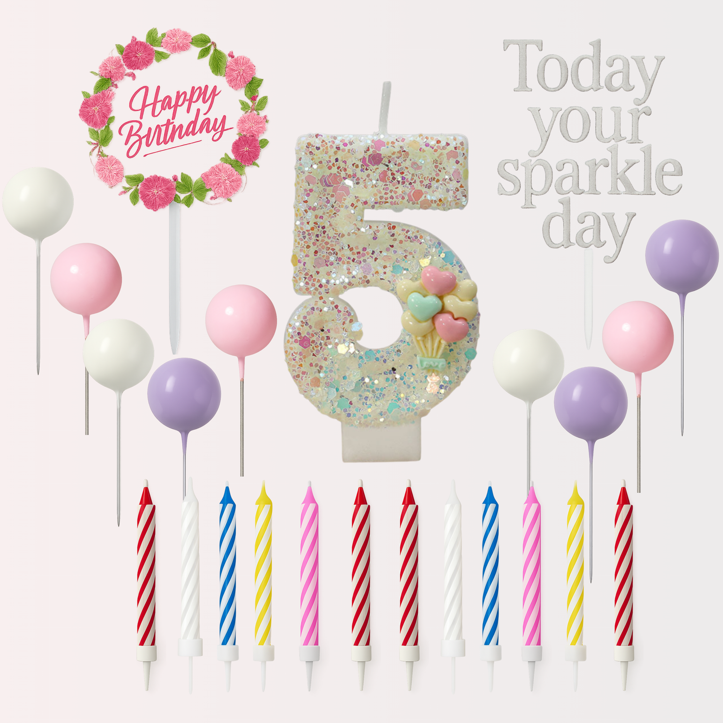 Birthday Candles Set for Cake – Number 5 Candle with 24 Piece Decoration Kit, Spiral Candles & Cake Toppers – Kids Birthday Party Supplies