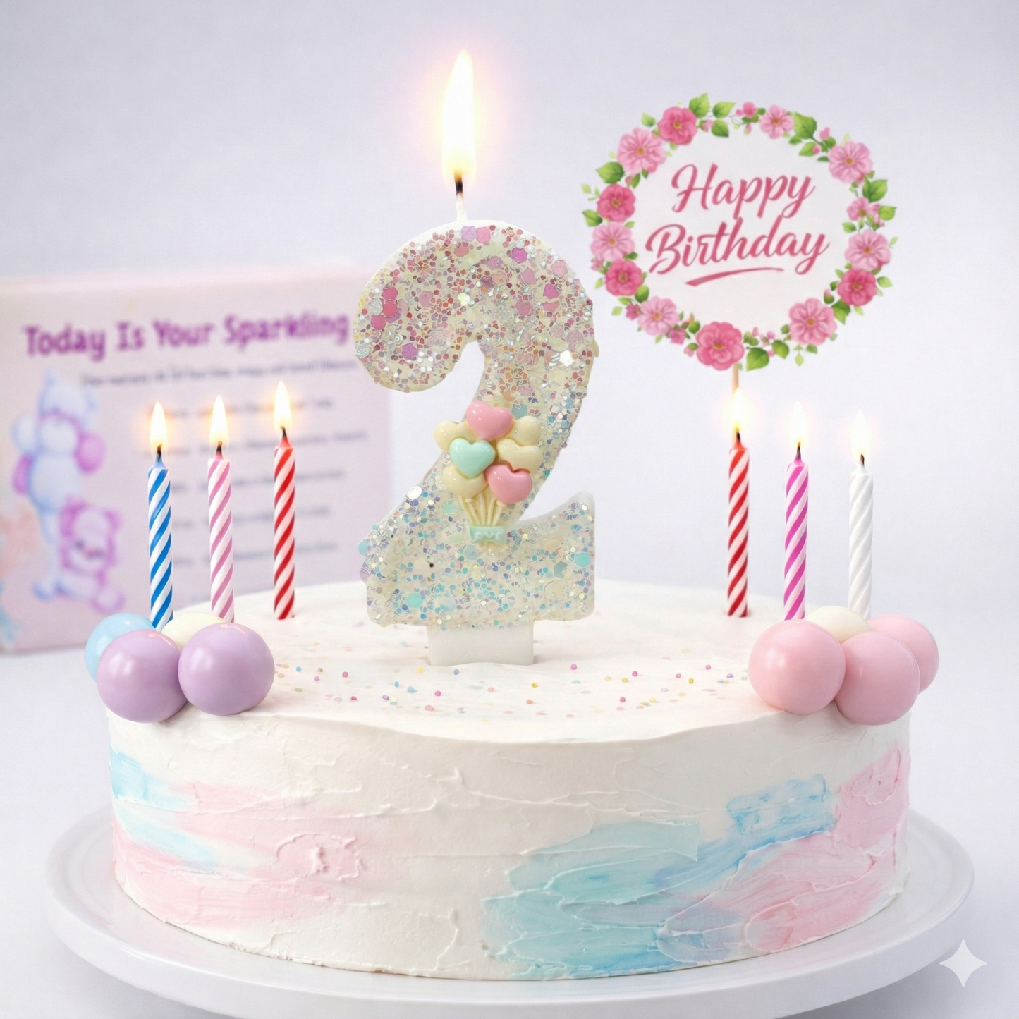 Birthday Candles Set for Cake – Number 2 Candle with 24 Piece Decoration Kit, Spiral Candles & Cake Toppers – Kids Birthday Party Supplies