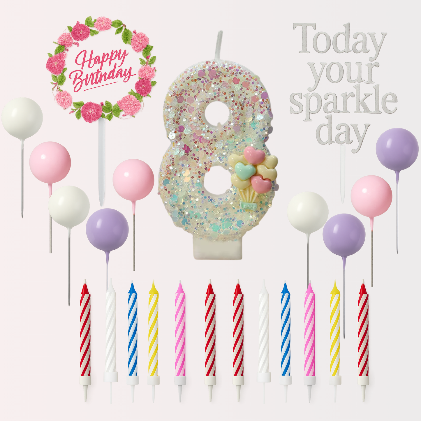Birthday Candles Set for Cake – Number 8 Candle with 24 Piece Decoration Kit, Spiral Candles & Cake Toppers – Kids Birthday Party Supplies
