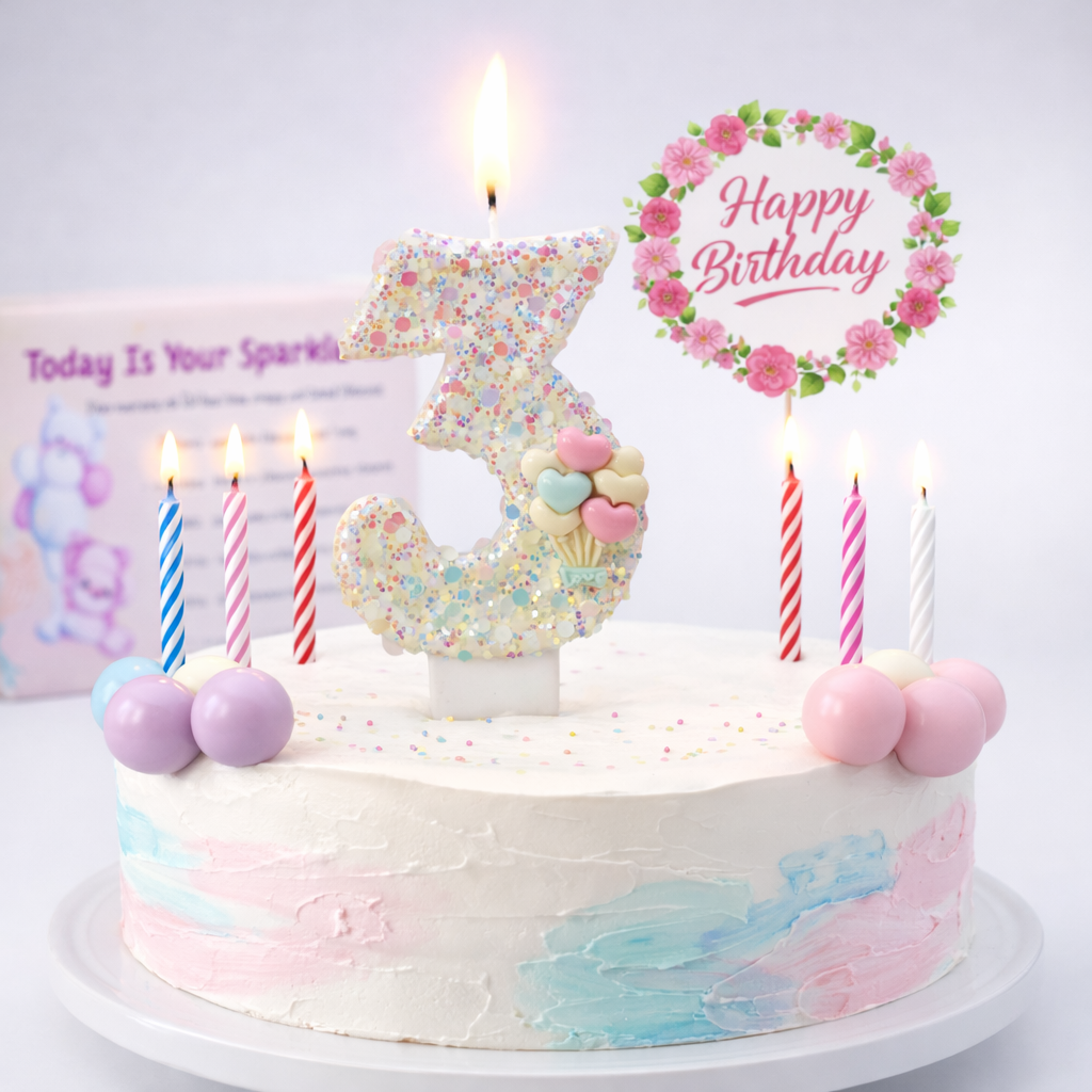 Birthday Candles Set for Cake – Number 3 Candle with 24 Piece Decoration Kit, Spiral Candles & Cake Toppers – Kids Birthday Party Supplies