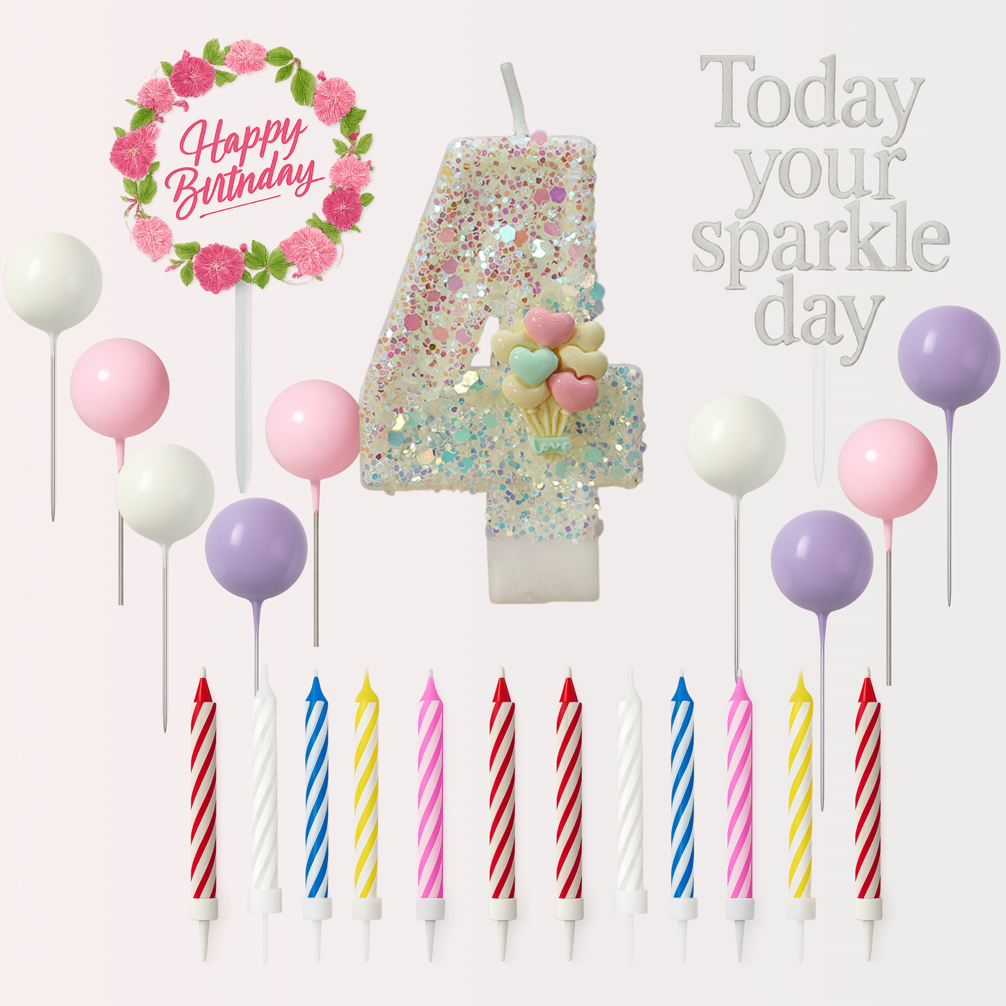 Birthday Candles Set for Cake – Number 4 Candle with 24 Piece Decoration Kit, Spiral Candles & Cake Toppers – Kids Birthday Party Supplies