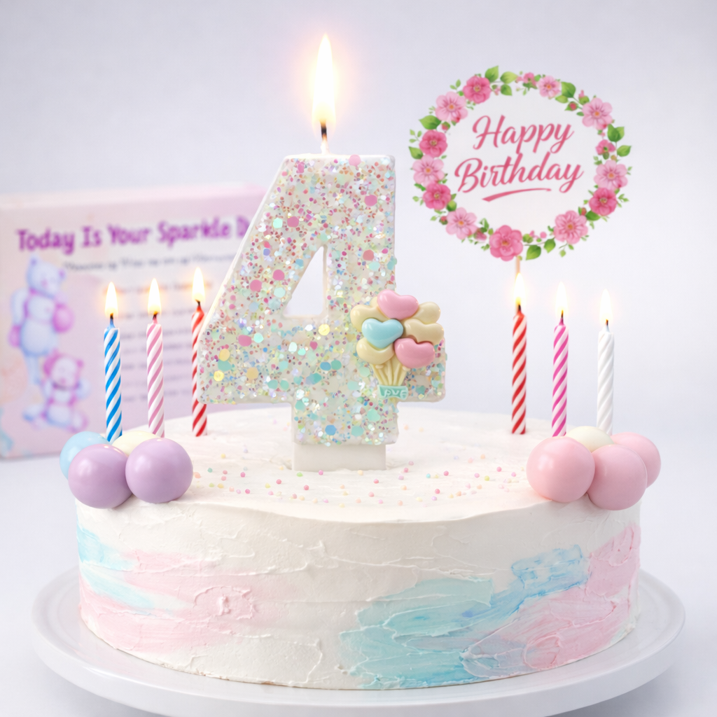 Birthday Candles Set for Cake – Number 4 Candle with 24 Piece Decoration Kit, Spiral Candles & Cake Toppers – Kids Birthday Party Supplies