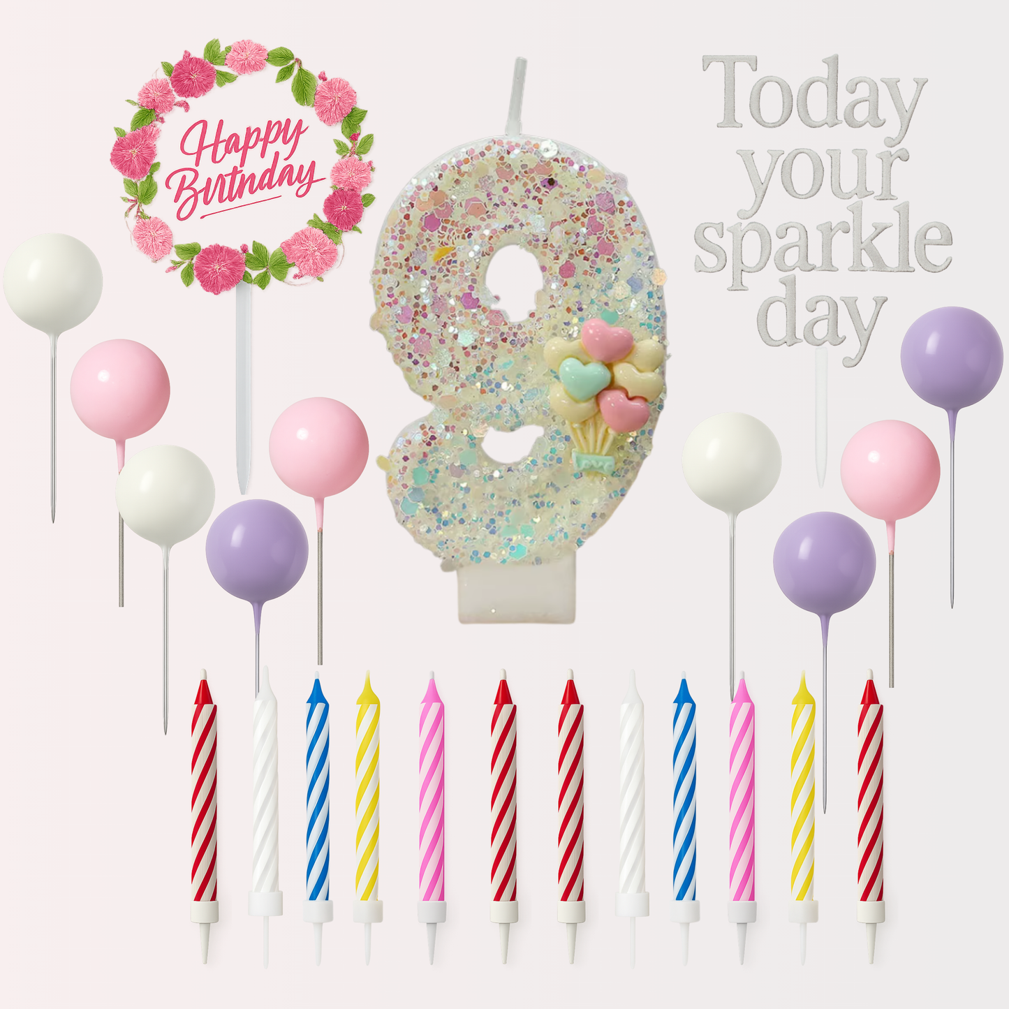 Birthday Candles Set for Cake – Number 9 Candle with 24 Piece Decoration Kit, Spiral Candles & Cake Toppers – Kids Birthday Party Supplies