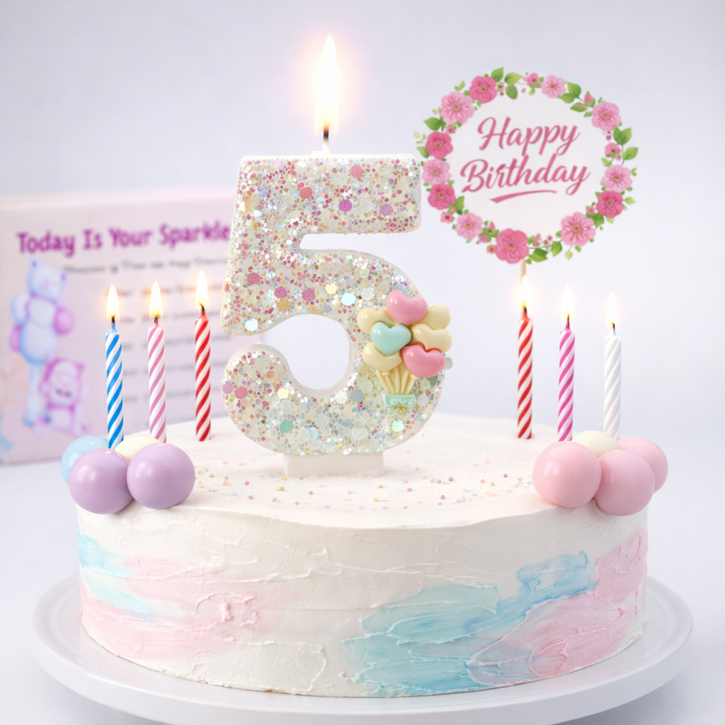 Birthday Candles Set for Cake – Number 5 Candle with 24 Piece Decoration Kit, Spiral Candles & Cake Toppers – Kids Birthday Party Supplies
