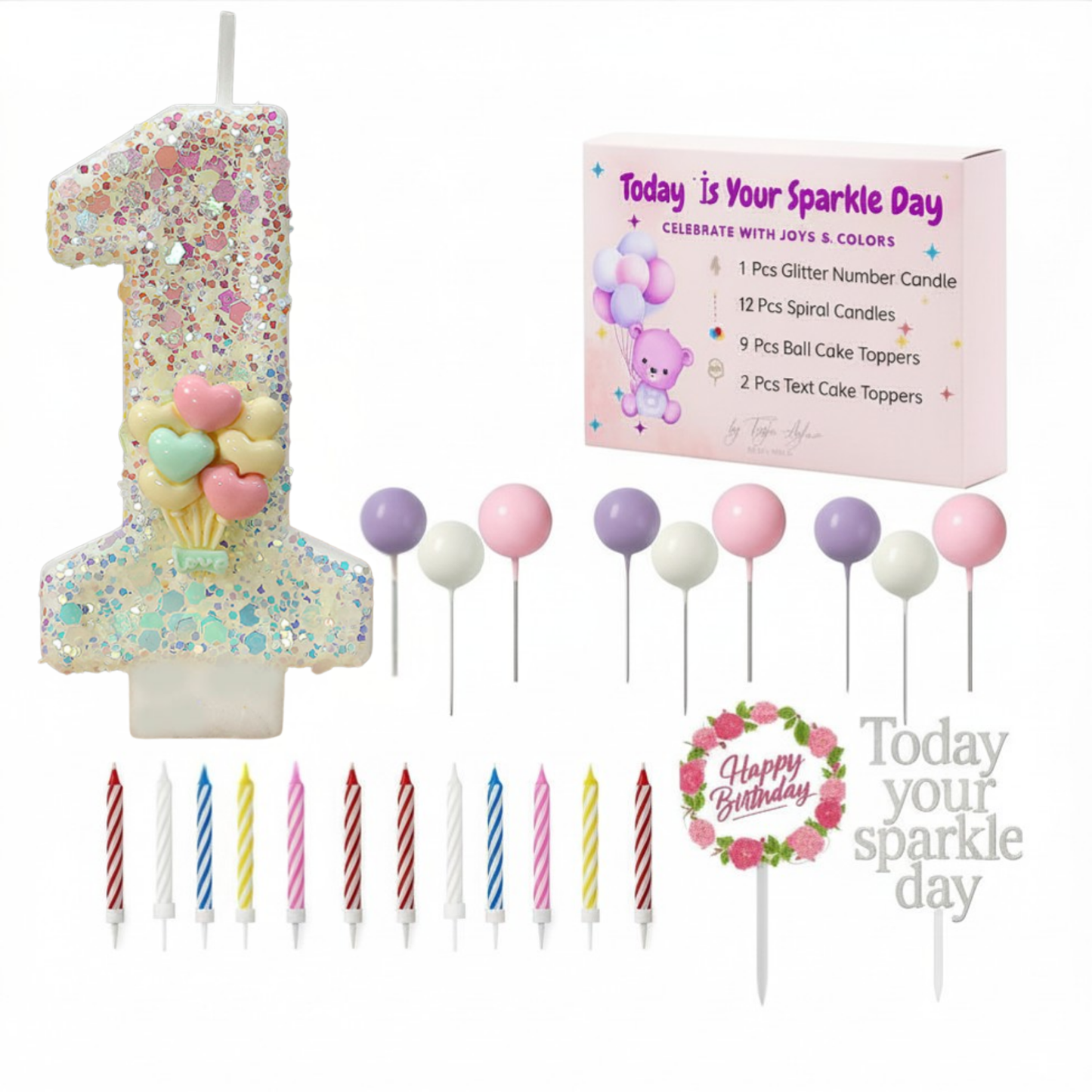 Birthday Candles Set for Cake – Number 1 Candle with 24 Piece Decoration Kit, Spiral Candles & Cake Toppers – Kids Birthday Party Supplies