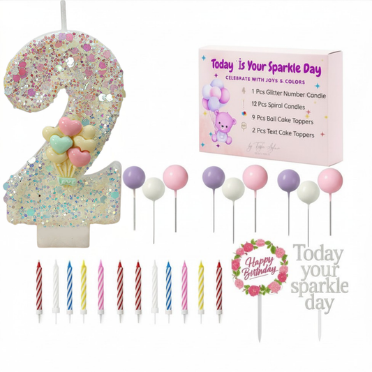 Birthday Candles Set for Cake – Number 2 Candle with 24 Piece Decoration Kit, Spiral Candles & Cake Toppers – Kids Birthday Party Supplies