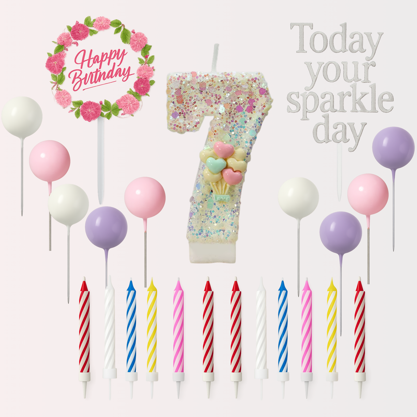 Birthday Candles Set for Cake – Number 7 Candle with 24 Piece Decoration Kit, Spiral Candles & Cake Toppers – Kids Birthday Party Supplies