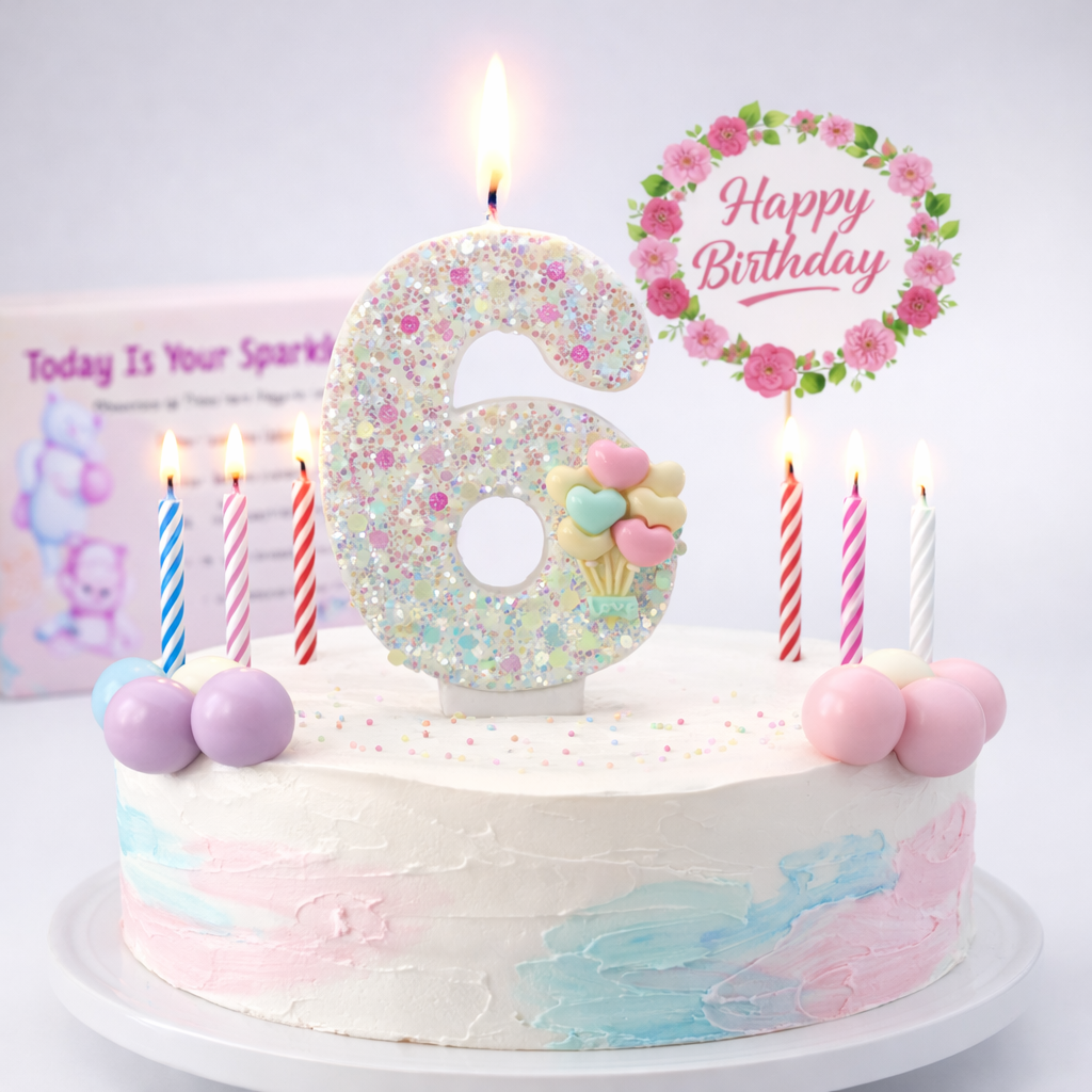 Birthday Candles Set for Cake – Number 6 Candle with 24 Piece Decoration Kit, Spiral Candles & Cake Toppers – Kids Birthday Party Supplies