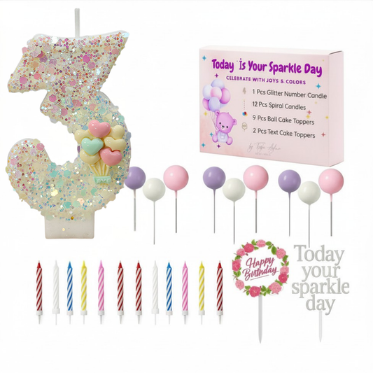 Birthday Candles Set for Cake – Number 3 Candle with 24 Piece Decoration Kit, Spiral Candles & Cake Toppers – Kids Birthday Party Supplies