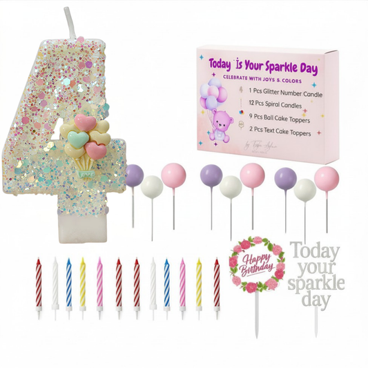 Birthday Candles Set for Cake – Number 4 Candle with 24 Piece Decoration Kit, Spiral Candles & Cake Toppers – Kids Birthday Party Supplies