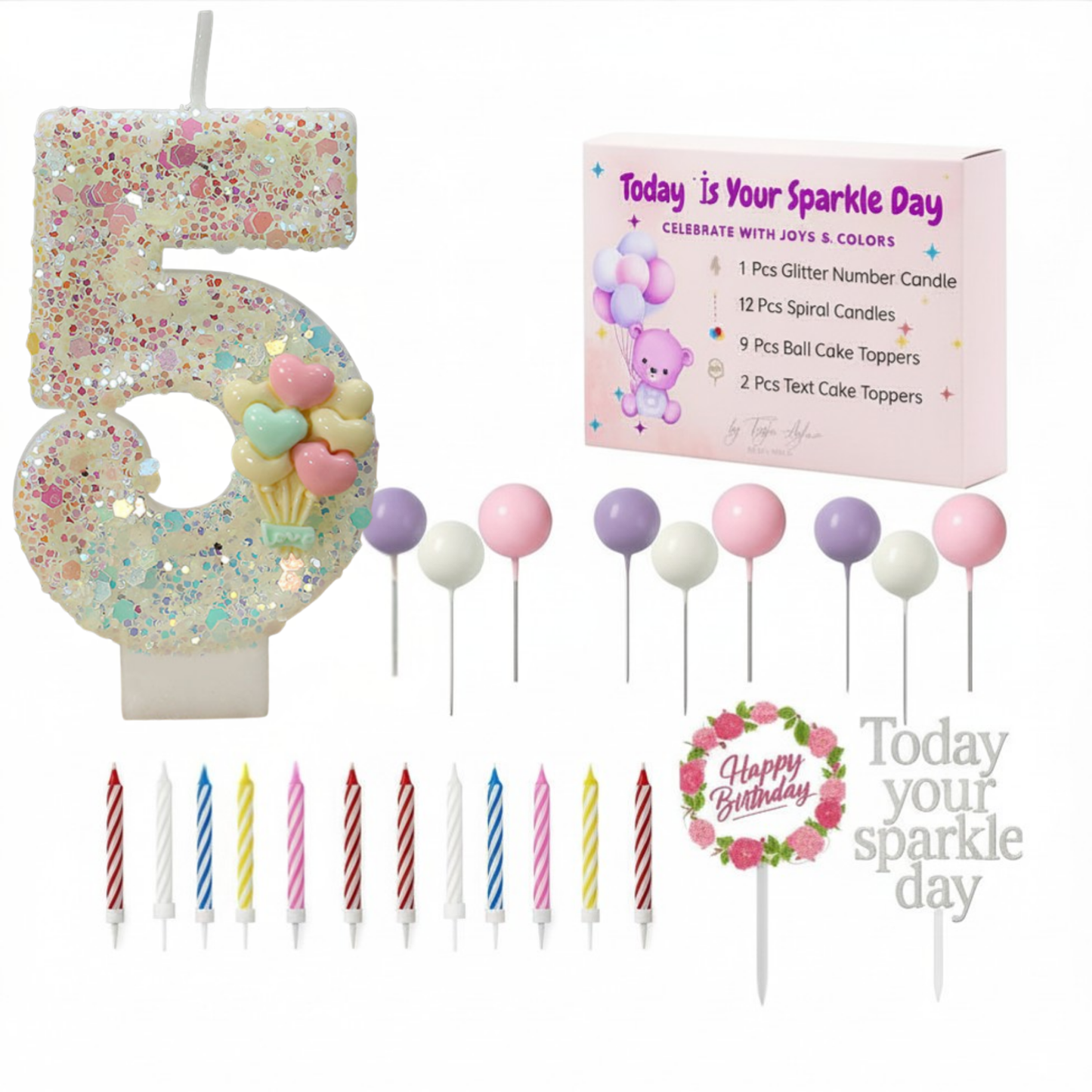 Birthday Candles Set for Cake – Number 5 Candle with 24 Piece Decoration Kit, Spiral Candles & Cake Toppers – Kids Birthday Party Supplies