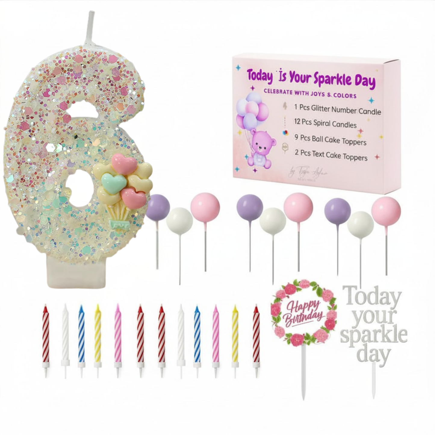 Birthday Candles Set for Cake – Number 6 Candle with 24 Piece Decoration Kit, Spiral Candles & Cake Toppers – Kids Birthday Party Supplies