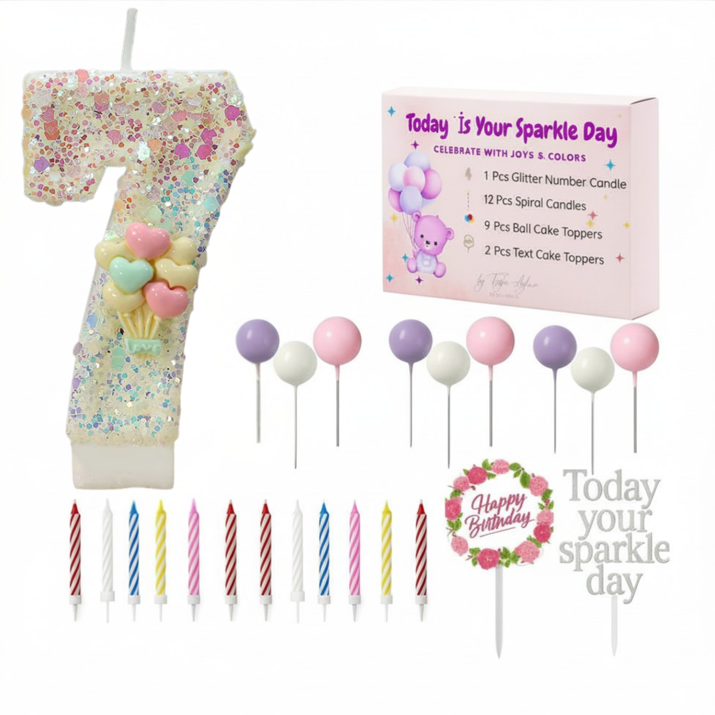 Birthday Candles Set for Cake – Number 7 Candle with 24 Piece Decoration Kit, Spiral Candles & Cake Toppers – Kids Birthday Party Supplies