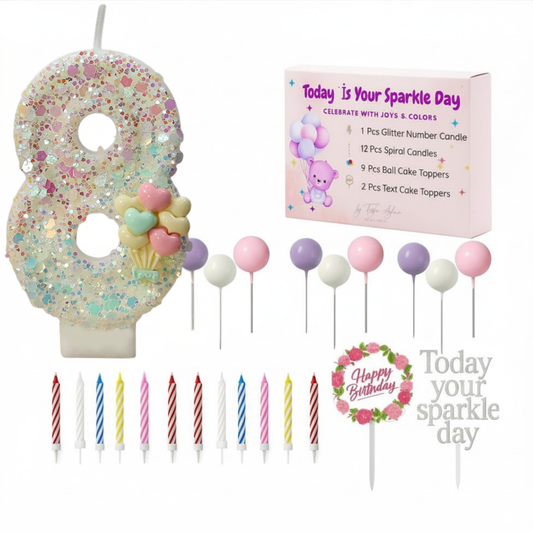 Birthday Candles Set for Cake – Number 8 Candle with 24 Piece Decoration Kit, Spiral Candles & Cake Toppers – Kids Birthday Party Supplies