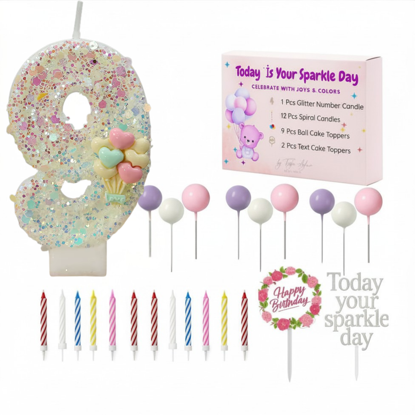 Birthday Candles Set for Cake – Number 9 Candle with 24 Piece Decoration Kit, Spiral Candles & Cake Toppers – Kids Birthday Party Supplies