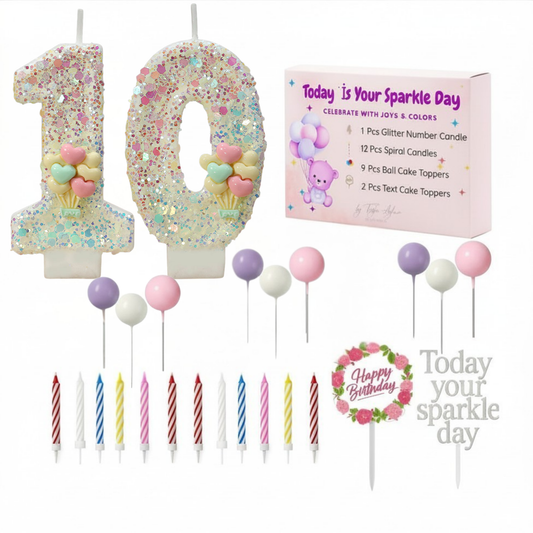 Birthday Candles Set for Cake – Number 10 Candle with 25 Piece Decoration Kit, Spiral Candles & Cake Toppers – Kids Birthday Party Supplies
